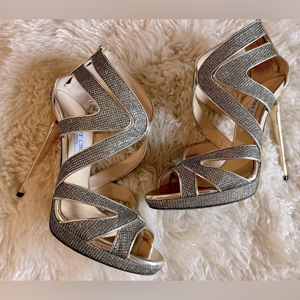 JIMMY CHOO High Heeled Gold / Pewter Sparkly Sandal